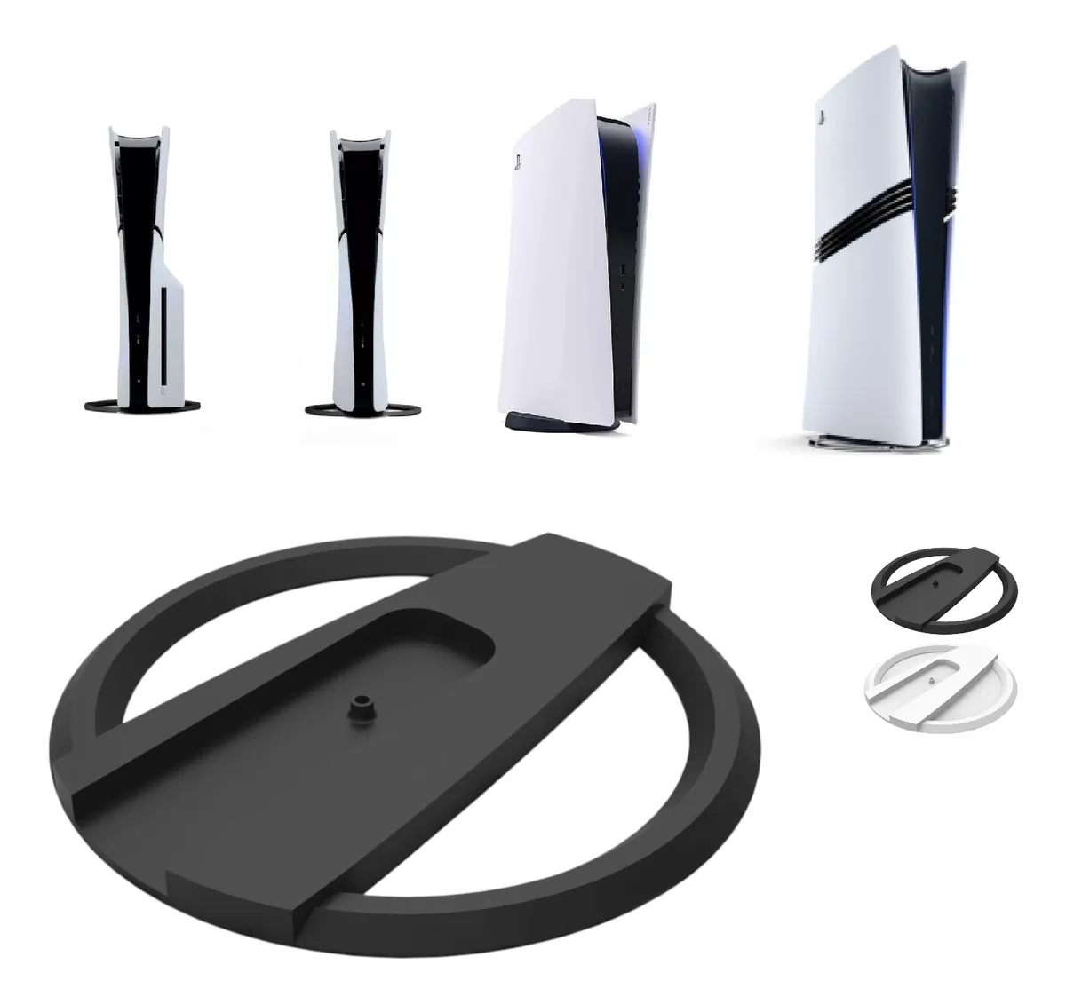 Suporte mesa base vertical PS5 preto com consoles brancos