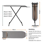 Tabua De Passar Roupa Reforçada preta, capa cinza, porta ferro e medidas detalhadas.