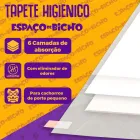 Tapete Higiênico Espaço De Bicho branco com camadas, ícones e texto em fundo amarelo e roxo.