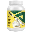 Pote branco de Tasty Whey com rótulo amarelo e verde, detalhes nutricionais.