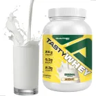Pote branco de Tasty Whey e copo com líquido branco espirrando