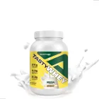 Pote branco de Tasty Whey Adaptogen com rótulo amarelo e verde, splash de leite.