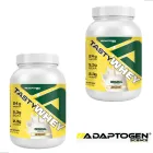 Dois potes brancos de Tasty Whey Adaptogen Science com rótulos amarelos.