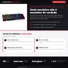 Infográfico editorial Achadinho: teclado gamer semi-mecanico ABNT2 com 107 teclas, LED RGB por faixa e anti-ghosting no WASD; e membrana com plunger, imita o mecanico mas nao e mecanico de verdade, vem so o teclado sem mouse e polling de 125 Hz