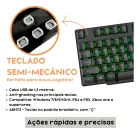 Teclado Gamer Semi Mecânico preto com teclas verdes iluminadas e switches brancos