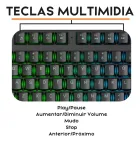 Teclado Gamer preto com teclas multimídia e iluminação LED verde e azul