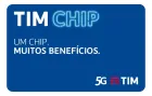 Cartão azul Tim Chip com letras brancas e neon, logo 5G TIM.