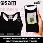 Top Puma preto com QR code na etiqueta e smartphone.