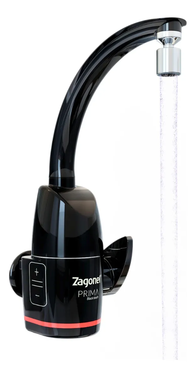 Torneira Elétrica Prima Touch preta brilhante com bico cromado e água fluindo