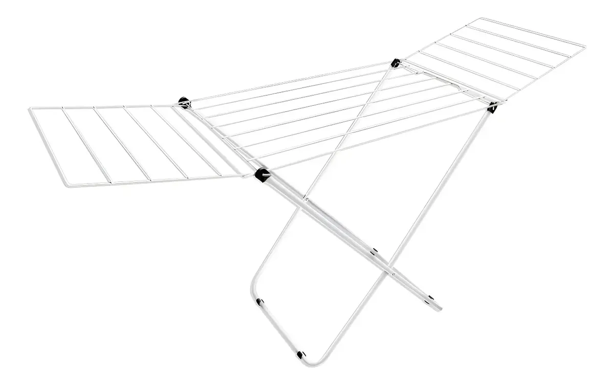 Varal De Chão Com Abas Dobrável Reforçado Retrátil Grande branco com abas abertas.
