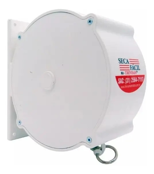 Varal de parede recolhível branco com logo Seca Fácil Trevisan e anel metálico