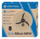 Caixa marrom do ventilador Ventisol com ilustração de ventilador de parede preto.
