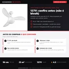 Infográfico da análise editorial Achadinho: ventilador de teto Ventisol Fênix CV3, 130W, 96 cm, até 25 m², chave de parede com reversão; é 127V (não bivolt) e sem controle remoto
