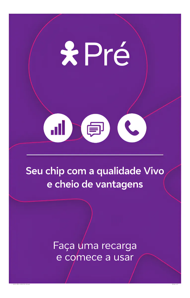 Pôster roxo Vivo Chip Pré com ícones de sinal, chat e telefone.