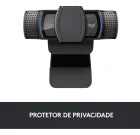 Webcam C920s Pro preta com protetor de privacidade e detalhes azuis