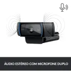 Webcam Logitech C920s Pro preta com faixa azul e perfurações laterais.
