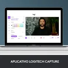 Webcam C920s: laptop prateado exibe software Logitech Capture com homem.